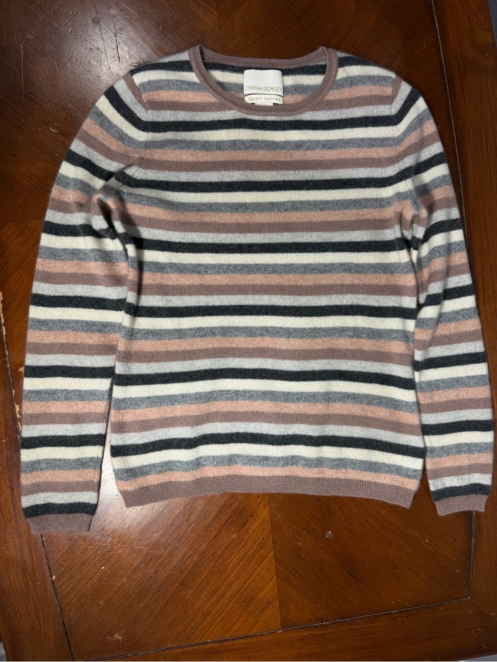 Cynthia Rowley Striped Crewneck Sweater in Pink, Gray & Cream 100% CASHMERE